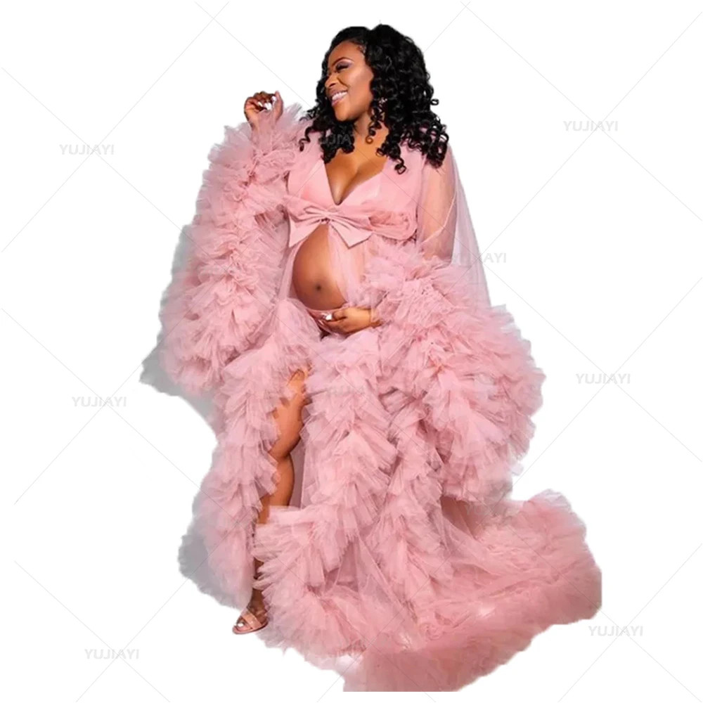 Maternity Dress for Baby Shower Gown Perspective Sheer Long Skirt Puffy Tulle Bridal Robe Sleepwear Women Nightwear Photography