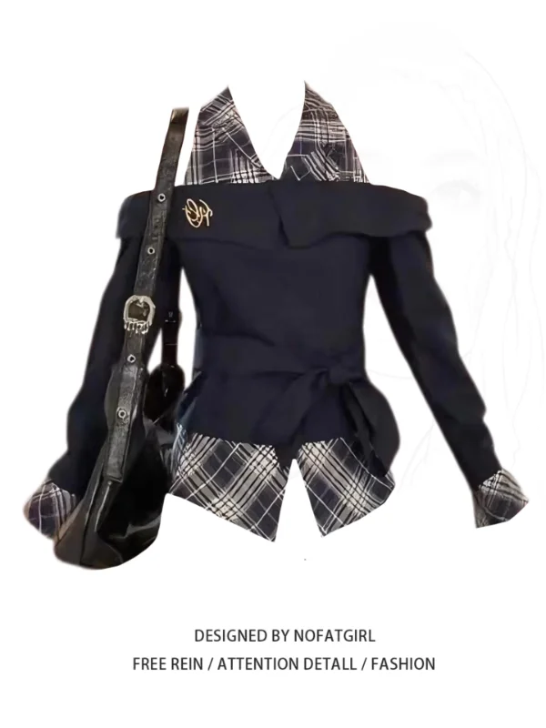 plus Size Women's Shirt Korean Style Long Sleeve Shoulder Bared Hanging Neck Plaid Splicing Design Autumn Fashion Casual Top