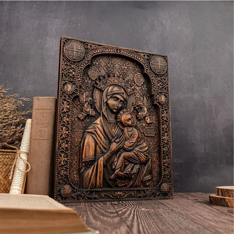 Hand-Painted Virgin Mary and Child Wooden Icon - Catholic Wall Art Decor, Byzantine Religious Hanging Plaque, Christian Home Alt