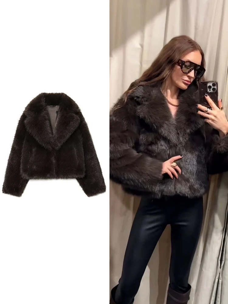 

Winter Women Lapel Furry Faux Fur Coats Short Style Elegant Turn-down Collar Long Sleeve Jacket New Fashion Lady Fur Outerwear
