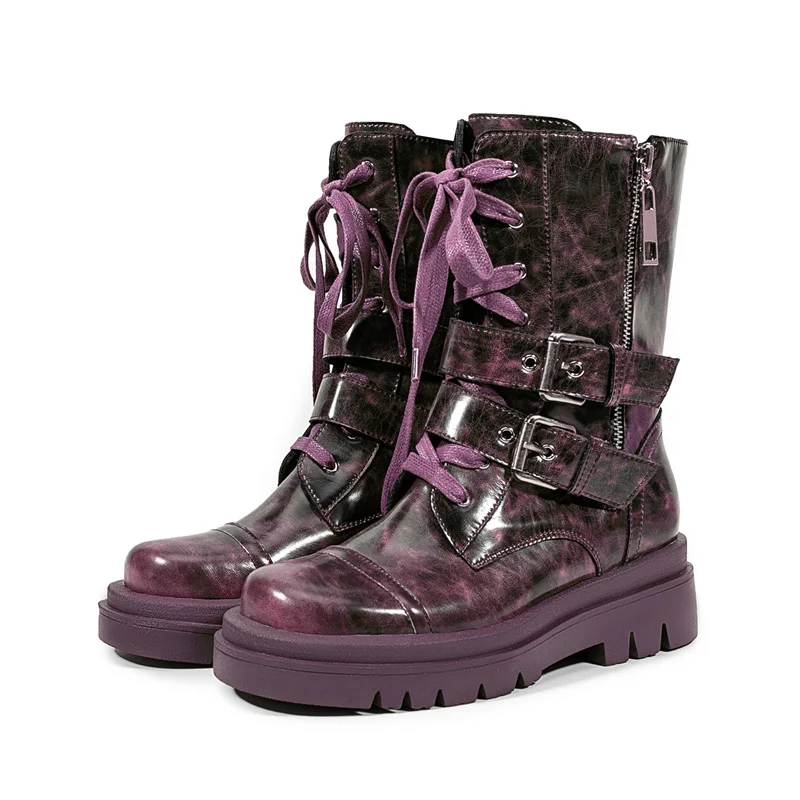 YMECHIC 2026 Winter Personalized Cow Leather Boots Motorcycle Botas Heavy Metal Versatile Rock Dark Cyberpunk Ankle Women Shoes