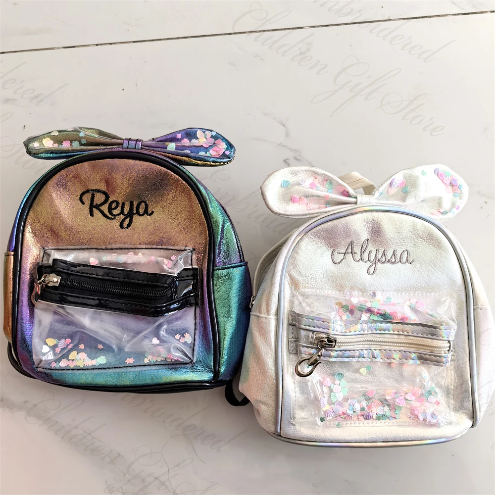 Princesa PU Mochila para Meninas, personalizado, colorido, espumante saco, arco bonito, lantejoula, pequeno, lanche saco, nome de bordado personalizado, Schoolbag