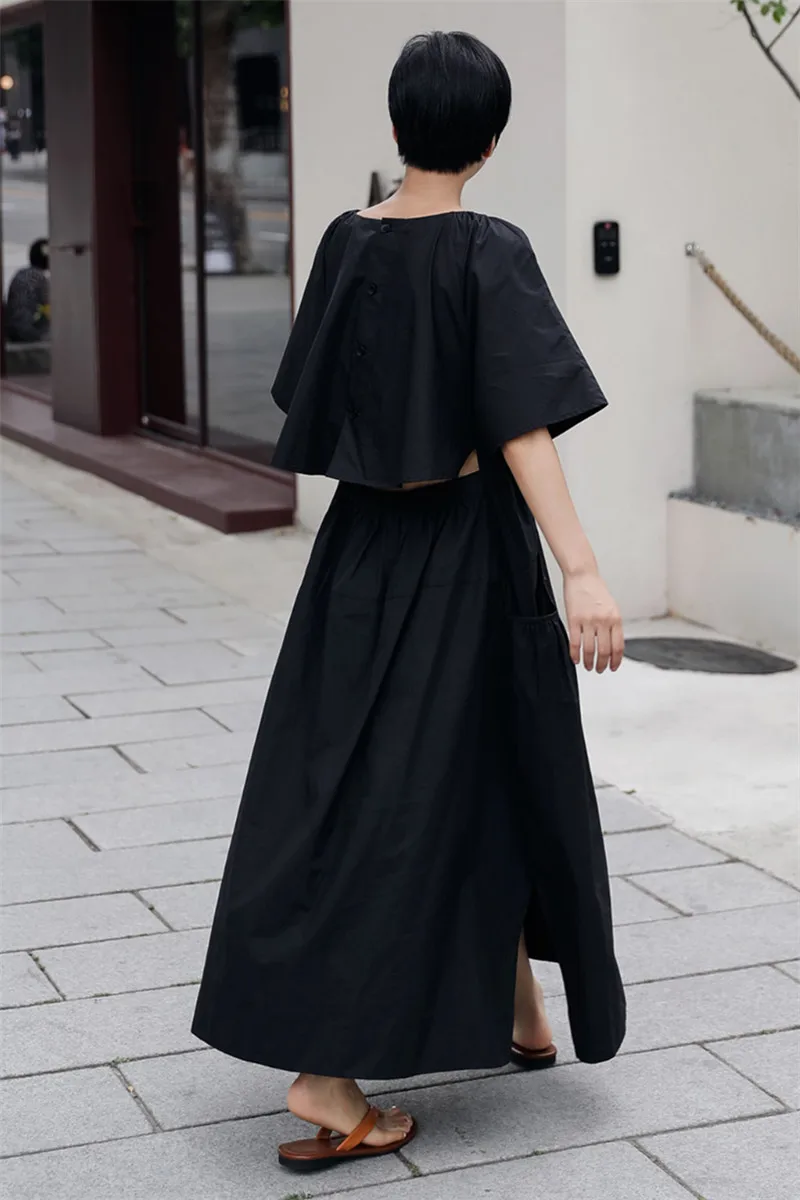 Women's Cloak Short Sleeve Maxi Dress Round Collar Back Cut Out Summer New Korean Leisure Holiday Dresses