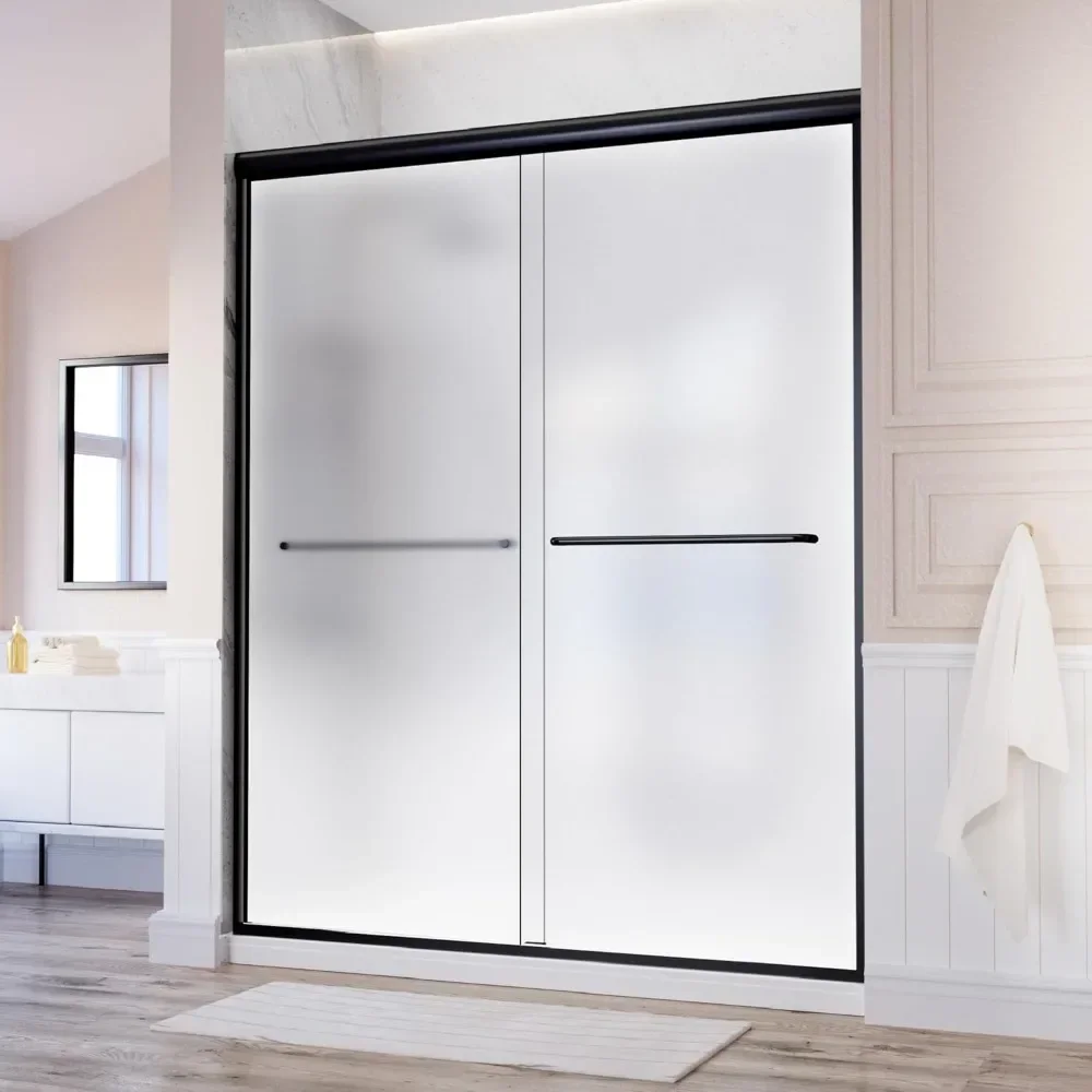 

48 inch black shower door，semi-frameless double sliding door with two handles，frosted tempered glass with easy clean coating, ma