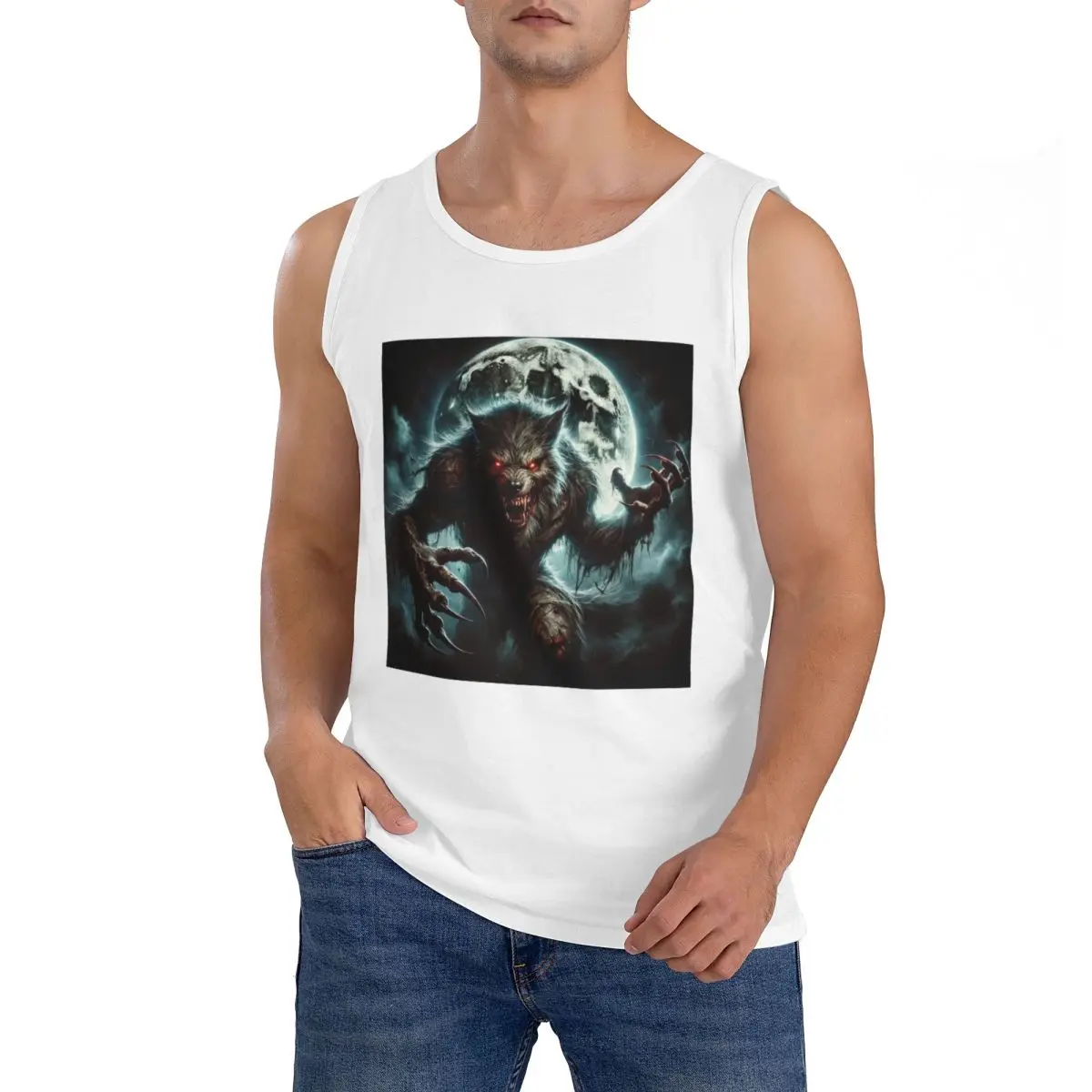 100% Cotton Werewolf In The Moonlight Sleeveless T-Shirt Men Workout Sports Clothing Tops Men's Crew Neck Vest