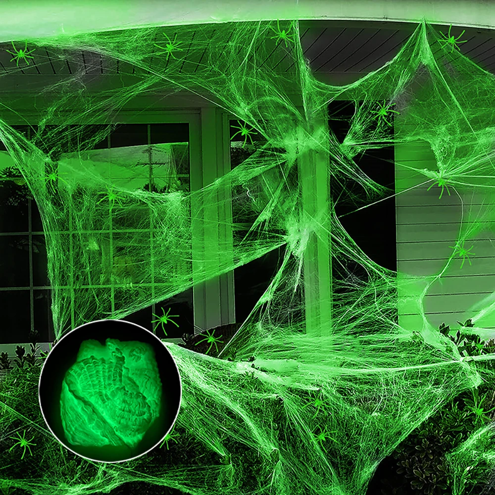 Luminous Spider Web,Stretchy Artificial Cobweb with Fake Spiders,Halloween Decorations,Outdoor Horror Haunted House Decor Props