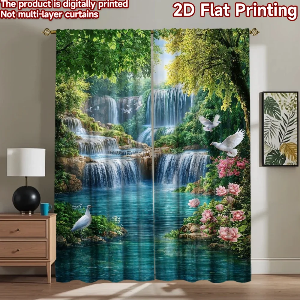 2D flat printing 2pcs Curtain Curtains Tranquil Waterfall Scene Digital Printed Polyester Drapes Festive Holiday Perfect for All