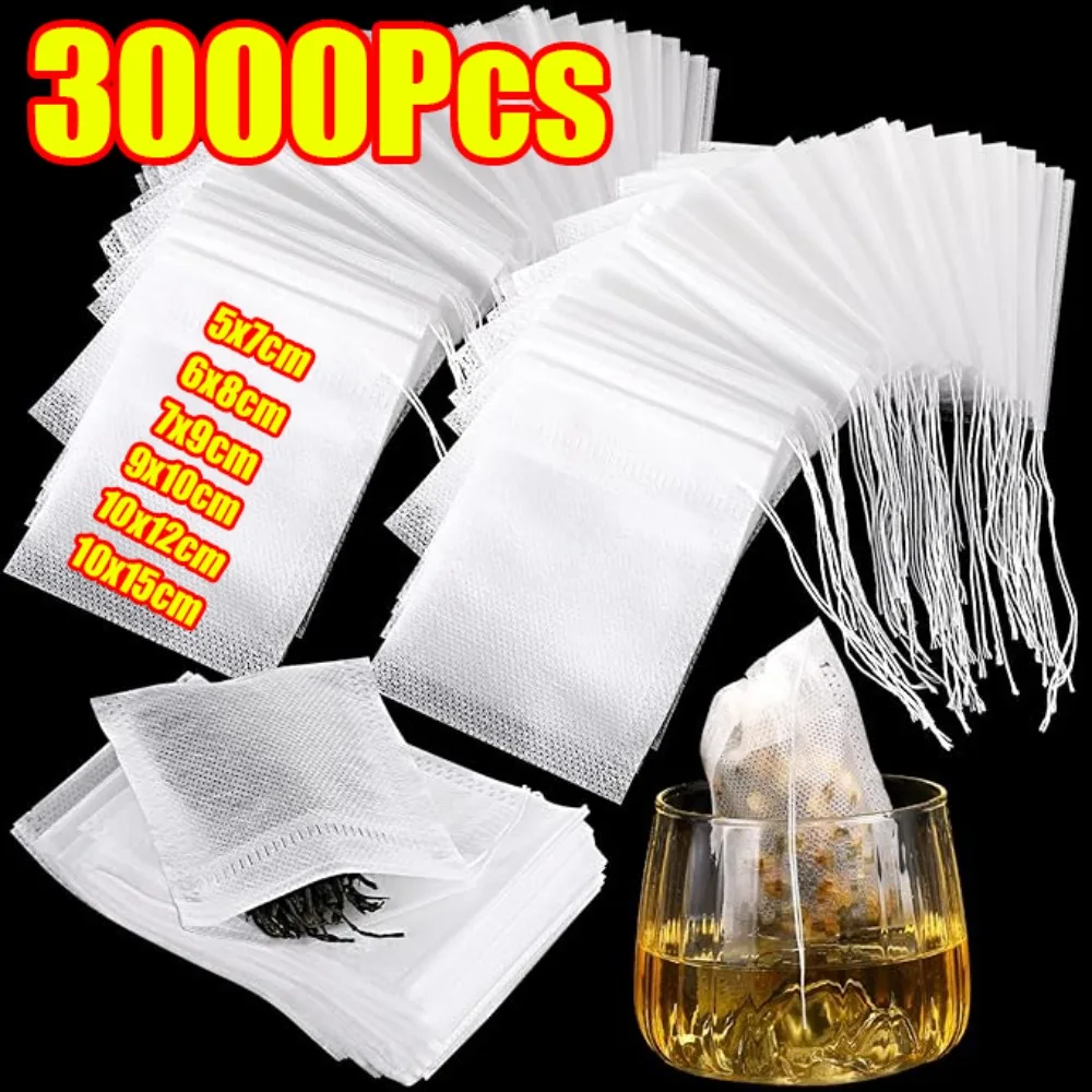 200–3000 Stück Einweg-Teefilterbeutel, Vliesstoff, Teebeutel, Kordelzug, Filterbeutel für Kräuter, loser Tee, Kaffee
