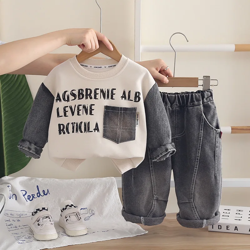 Baby Boys Outfit Set Kids Clothes 2026 Spring Autumn Patchwork Letter Pocket Long Sleeve Tops and Pants 2PCS Children's Clothing