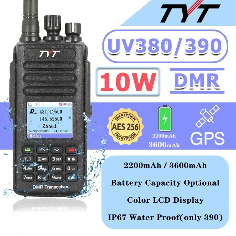 

10W Walkie Talkie TYT MD-UV390 PLUS Aes256 Radio GPS IP67 Battery Optional Waterproof VHF/UHF Dual Band Digital Walkie Talkie