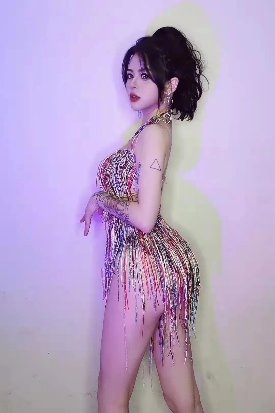 Sexy Kwastje Multi-color Pailletten Turnpakje Stadium Slijtage Nachtclub Bar DJ Gogo Dans Kostuum Paaldansen Prestaties Fringe bodysuit