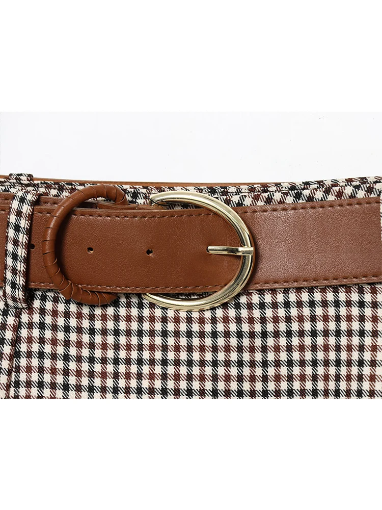 กระโปรงลายสก็อตวินเทจสำหรับผู้หญิง คอลเลคชั่นฤดูใบไม้ร่วง พร้อมเข็มขัด ดีไซน์หรูหราสง่างาม ทรงเอไลน์ ความยาวปานกลาง แฟชั่นลำลอง