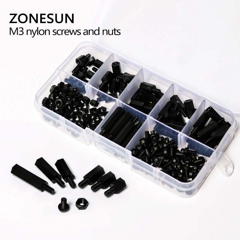 ZONESUN A96 180Pcs M3 Nylon Black M-F Hex Spacers Screw Nut Assortment Kit Stand off Set Box