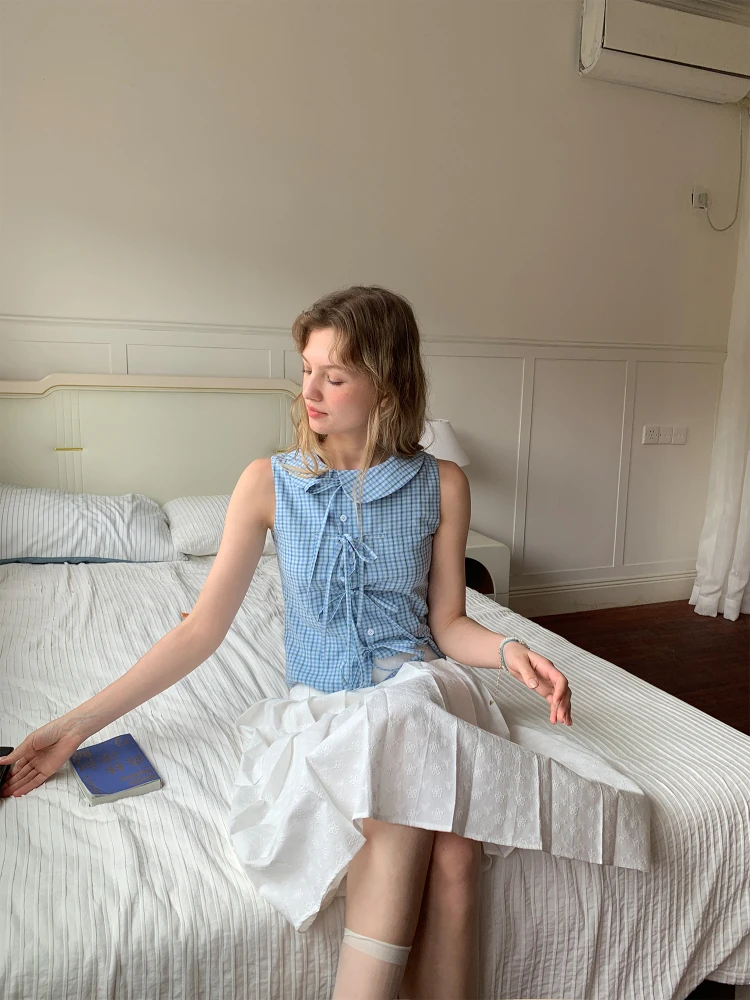 

Galaxy Soda Summer Sweet Sle Slimming Fit Women's irt Knot Plaid Svel Cotton Casual Faion Top