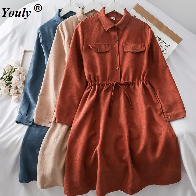 

Turn Down Collar Vintage Pockets Lace Up Women Shirt Dress 2021 Autumn Winter Drawstring Midi Dress Elegant Ladies Office Dress