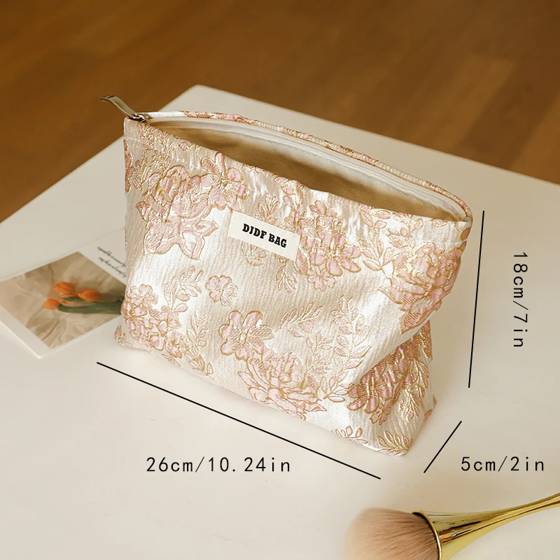 DJDF Pink Gold Print Zipper Women\'s Makeup Bag Double Canvas Portable Large Capacity Cosmetics Storage Bag Travel Toiletry Bag