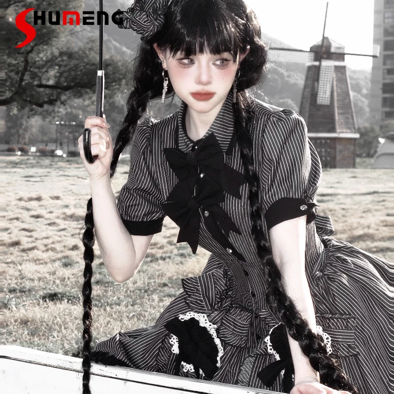 

Black Gothic Subculture Dark Striped Short Sleeve Shirt Summer New Women's Slim Fit Retro Elegant Blouses Cake Skirt Cos Costume