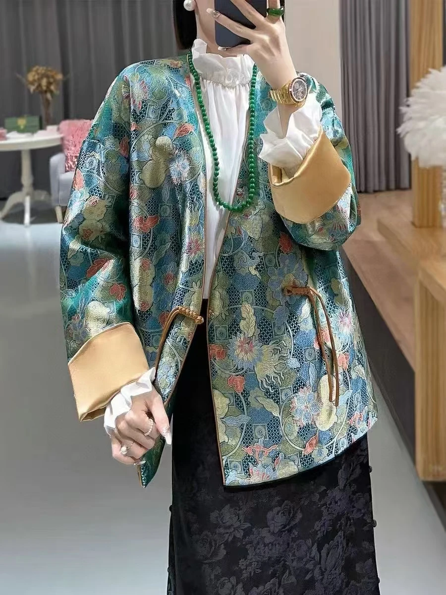 Autumn New Chinese Style V-neck Fashion Printed Handmade Single Button Contrast Color Cuffs High Quality Women Jacket S-XL