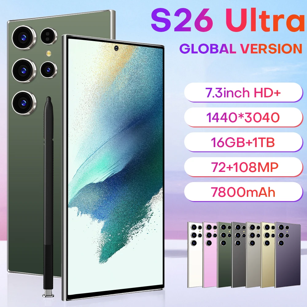

2026 HOT S26 Ultra NEW 7.3HD Global Edition Original Smart Dual Card 7800mAh Battery Facial Recognition Function
