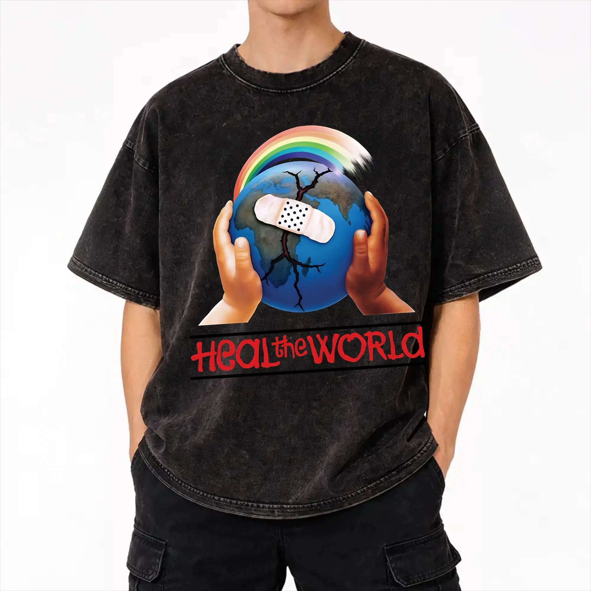 Harajuku Washed Shirt Heal The World MJ Signature michaels jacksons Outfit Vintage T-Shirts High Street  Streetwear 100% Cotton