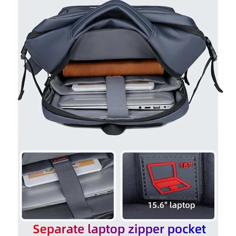 Mochila para laptop aberta de 180 graus com porta de carregamento USB Bolsa de viagem de negócios à prova d'água com alça de bagagem para computador de 15,6 polegadas