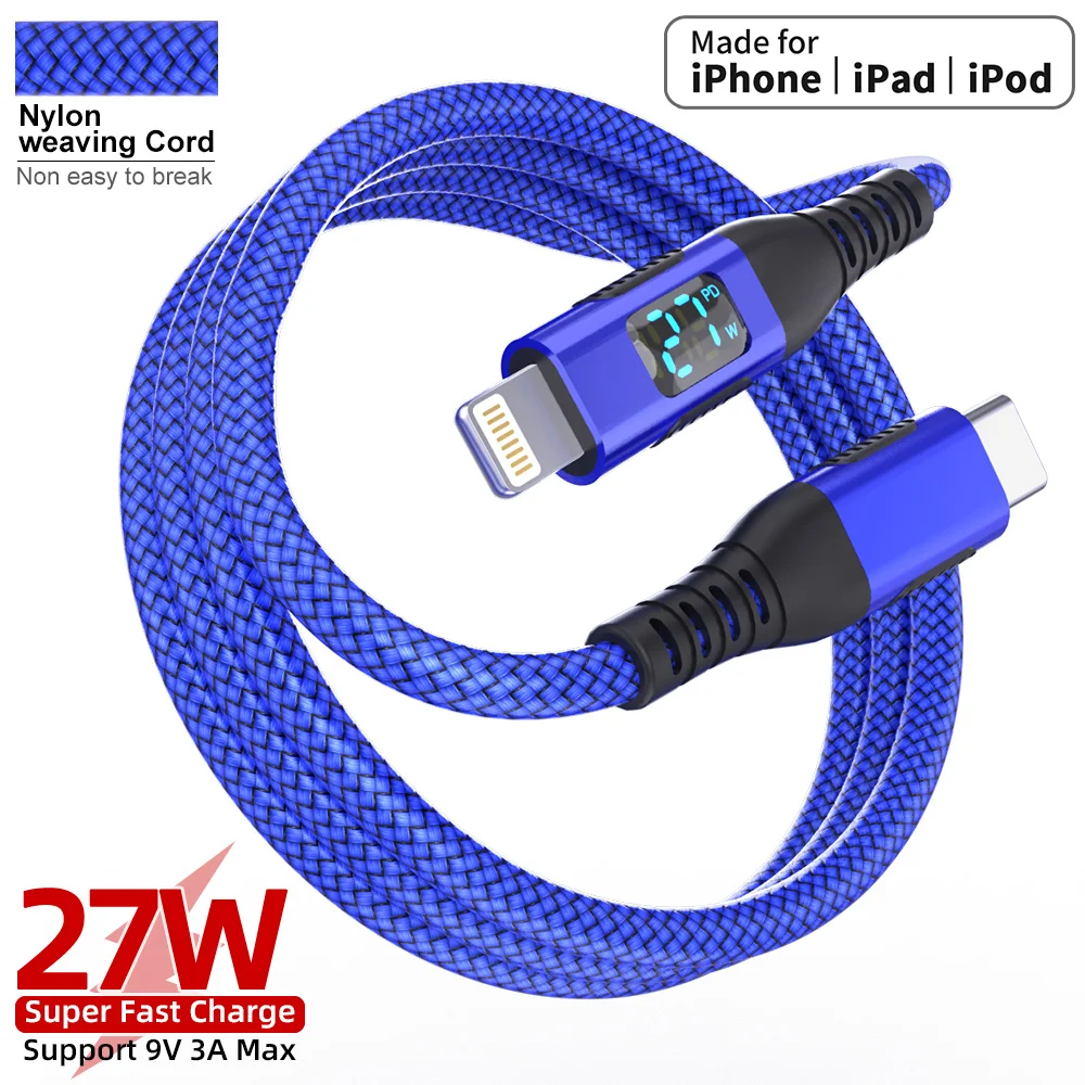 1 unidad 3 uds Cable de carga rápida trenzado de nailon tipo C a Lightning certificado MFI con pantalla Digital Led para teléfono 13 12 11X8 7