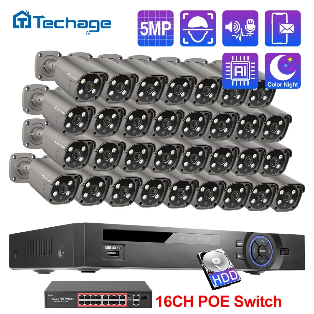 Techage 32CH 5MP POE NVR Kit Security Camera System Face Detection Two Way Audio H.265 IP Camera P2P CCTV Video Surveillance Set