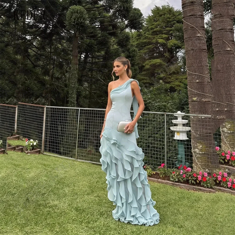 Light Blue Chiffon Customized Prom Dresses One Shoulder Ruffles Formal Party Women's Evening Wedding Guest Bridesmaid Gowns