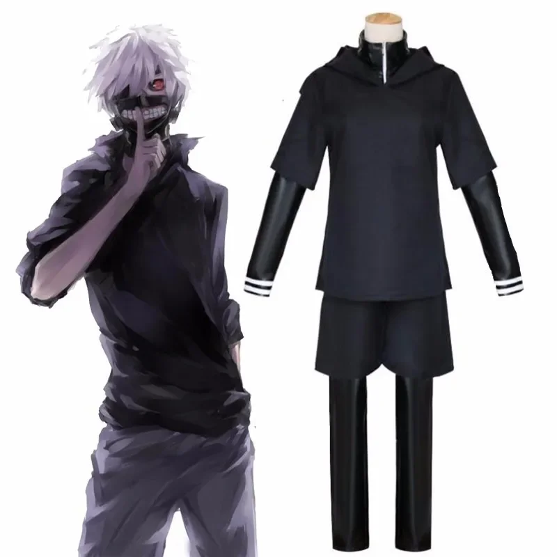 JP anime Tokyo Ghoul Ken Kaneki costume cosplay set completo uniforme da combattimento in pelle nera donna uomo costume di Halloween con parrucca maschera