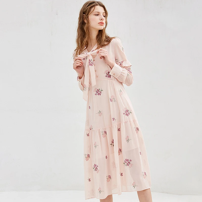 OLrain Womens Dresses Embroidered Autumn 2025 New Chiffon Long Sleeve Ruffles Party Elegant Bow V-Neck A-line Dress 9CLC18063