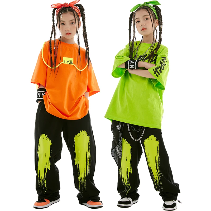 Girls Hip Hop Dance Clothes Short Sleeves Loose Jazz Practice Wear Boys Street Dancing Performance Outfit Stage Costume BL10365