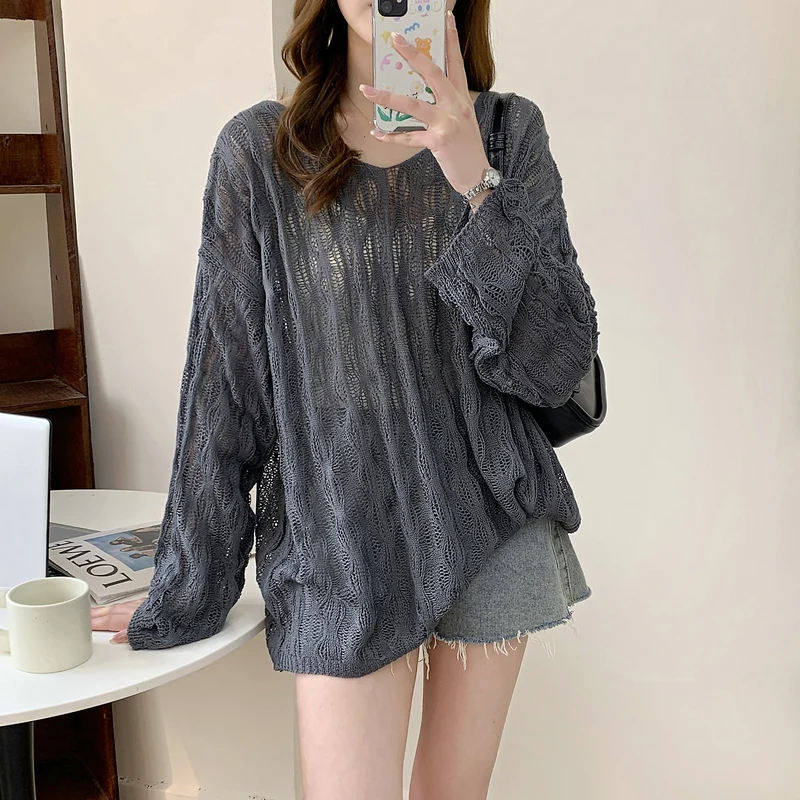 Nuovo autunno abbigliamento da donna Hollow girocollo da donna a maniche lunghe tinta unita Top maglione casual maglione allentato maglieria