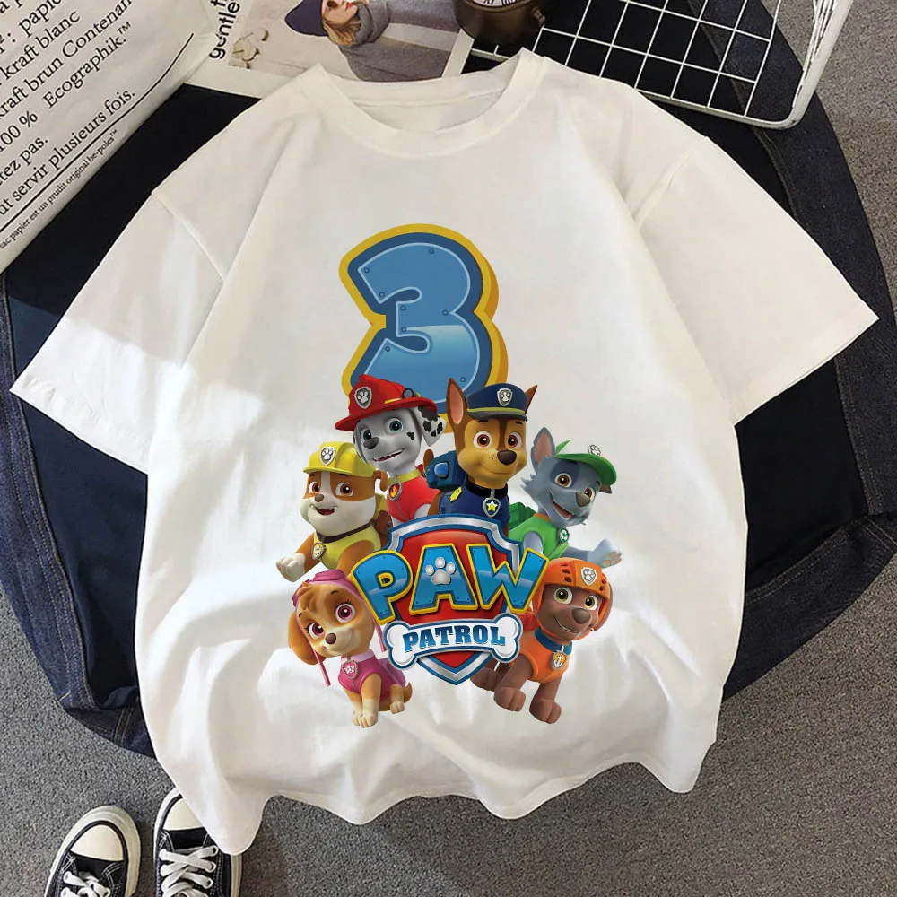 Paw Patrol dziecko lato bawełna T Shirt chłopiec dziewczyna numer urodzinowy koszulka Chase Skye drukowane ubrania dla dzieci Cartoon koszulki z