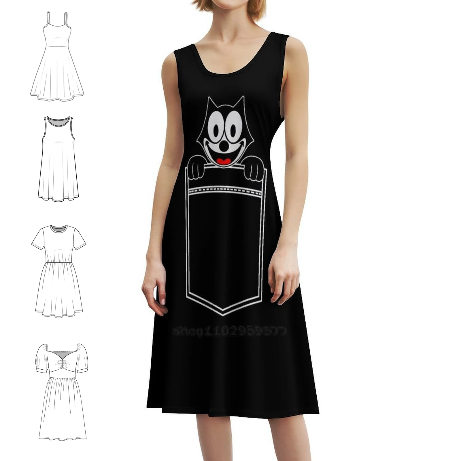 فستان Pocket Felix على الطراز الكوري للنساء، فستان كاجوال أنيق للحفلات أو الارتداء اليومي، رسوم متحركة على شكل قطة سوداء، قميص قطط #1