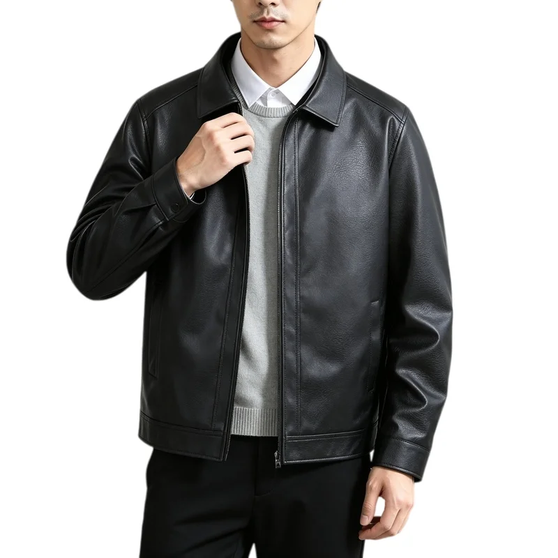 Plus Size Men's Faux Leather Jacket 2026 New Autumn Winter Lapel Slim Fit Windproof Business Casual Outerwear European Size