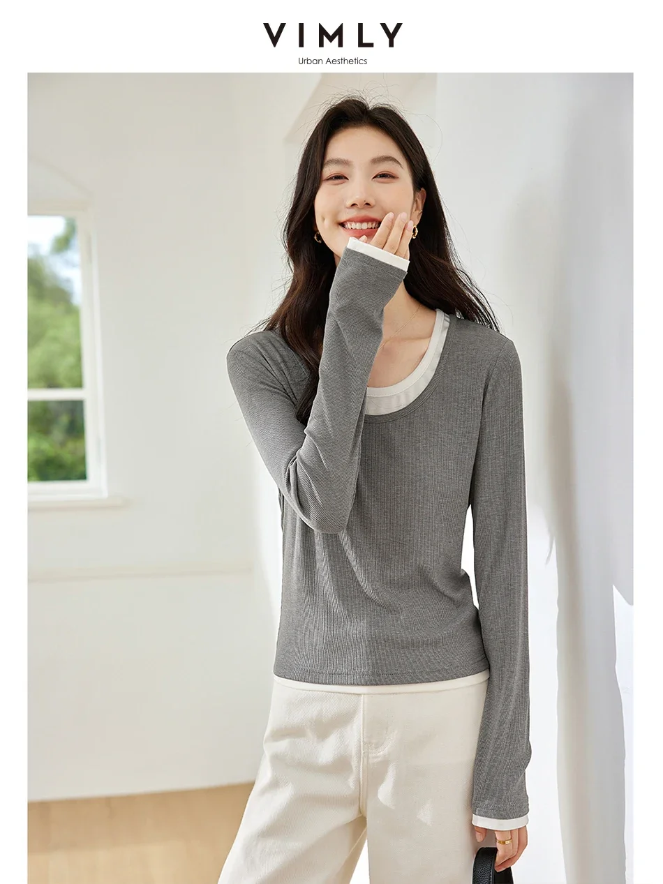 VIMLY Women's U Neck Long Sleeve False Two-Piece Office Lady T-Shirt Autumn Winter Simple Casual Skinny Slim Basic Blouse Top