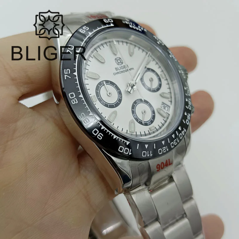 BLIGER 39MM VK63 Japan Quartz Chronograph Men\'s Watch White Dial Luminous Sapphire Glass Waterproof Multifunctional Steel Strap