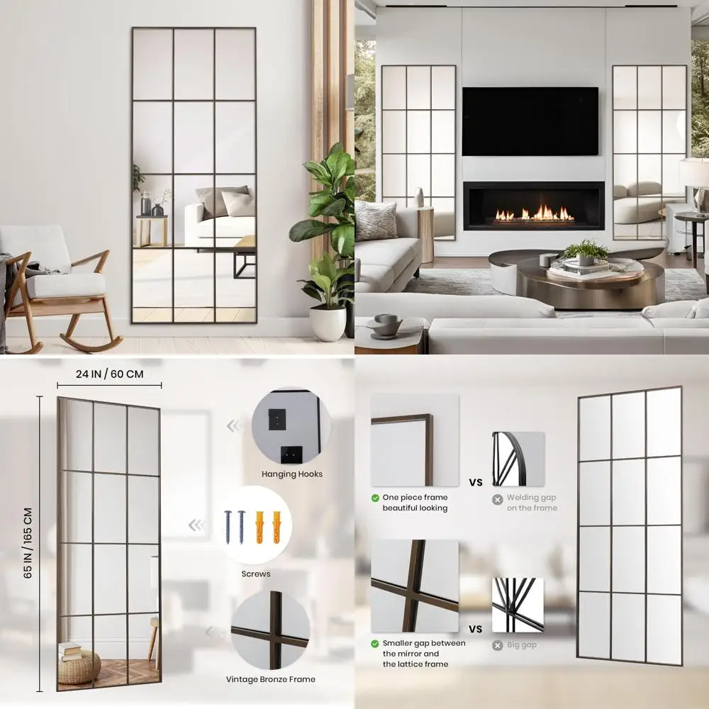 Ganzkörper-Bronze-Kunstscheiben-Spiegel zur Wandmontage, 65 x 24 cm, dekorativer Bauernhaus-Wandspiegel zum Aufhängen am Boden