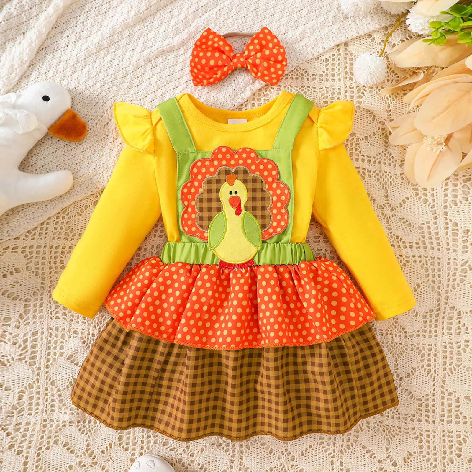 

Baby Girl Clothes Jumpsuits Thanksgiving Costume Turkey Printed Long Sleeve Jumpsuits Festival Fancy Overall Dress