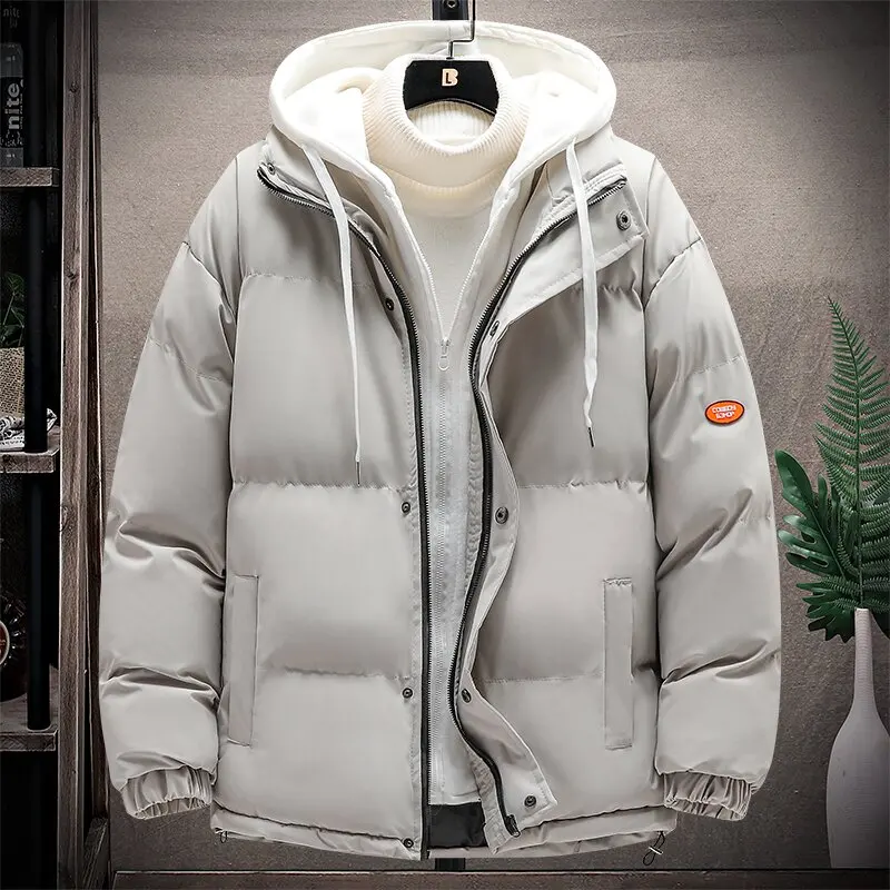 

Men's Thiened Cotton Jaet Winter Warm Coat Hooded Casual Outerwear Faionable Bread Cotton Vest Fake Two-Piece Sle
