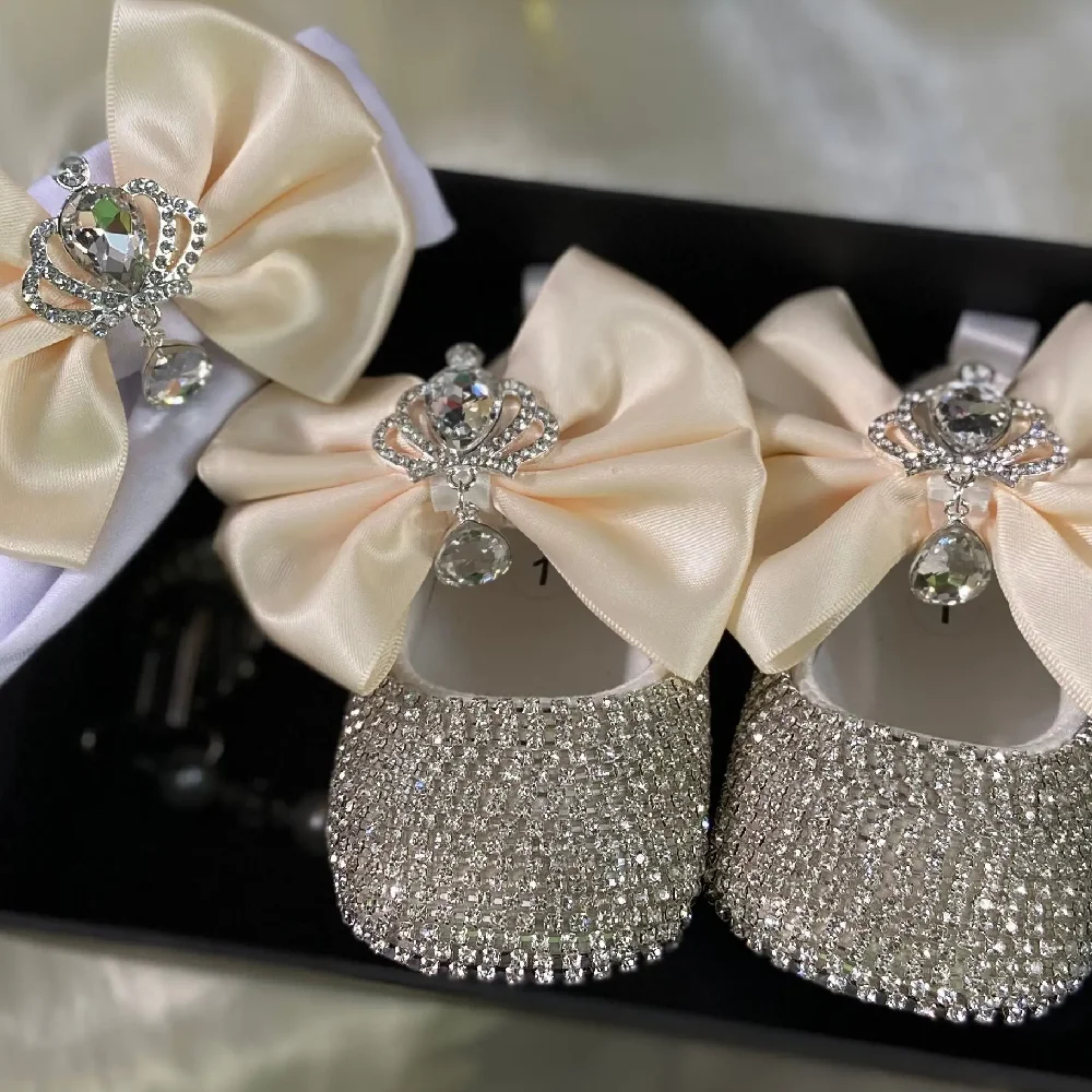 Dollbling Delicate Ivory christening Baby Shoes Headband Set Luxury Diamond Fluff Outfit wedding beads Little Girl Baptism Shoes