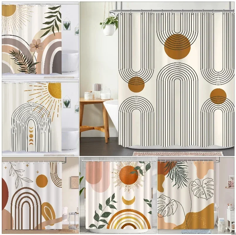 

Abstract Bohemian Shower Curtain Mid Century Arches Sun Leaves Modern Simple Aesthetic Lines Geometric Decorative Shower Curtain