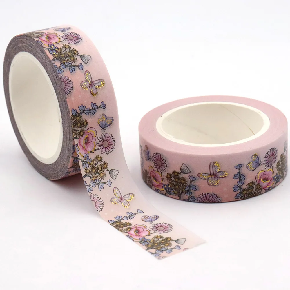 NEW 1PC 15mm*10m Gold Foil Spring Floral Butterfly Decorative Washi Tape Stationery Colourful Tape School Office Supplies