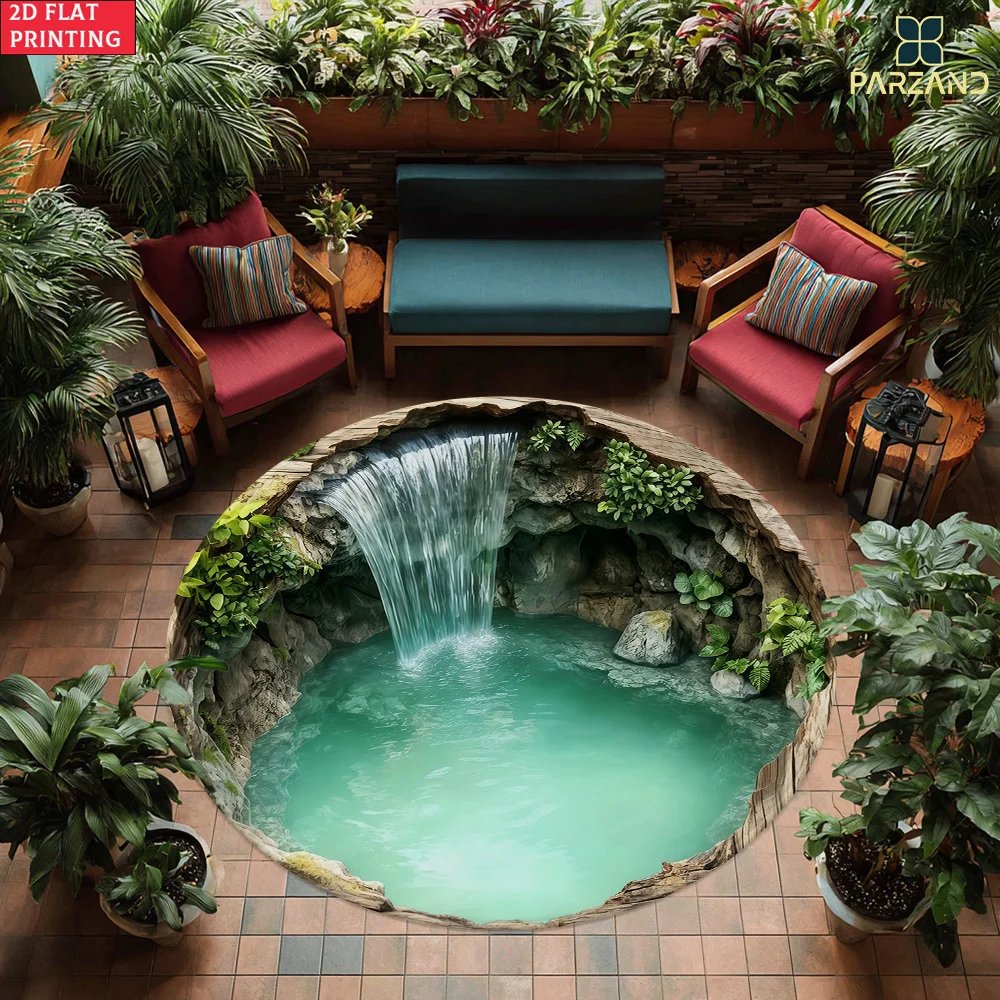 Round Waterfall Nature Scene Rug Mat Waterproof Bathroom Floor Decor Mats Polyester Sponge Anti Fatigue Cushion for Spa Home Dec