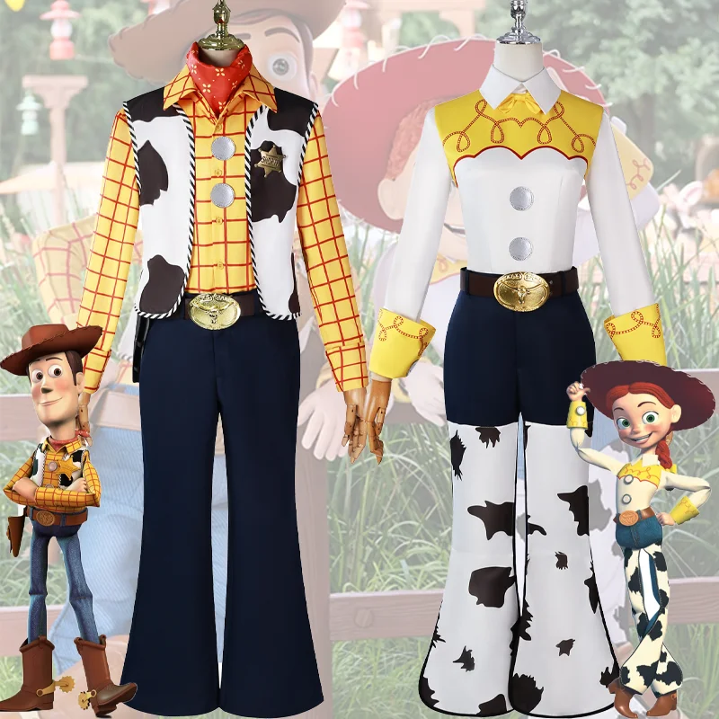 

Anime Woody Jessie Cosplay Costume With Hat Outfit Full Set Halloween Carnival Disguise Suit Adult Women Men Role Play Clothes