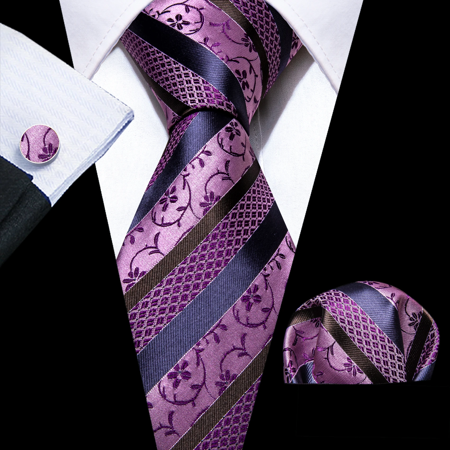 

Plum Purple Stripe Jacquard Silk Men's Tie Exquisite Floral Woven Tie Cufflinks Pocket Square Set Wedding Party Barry.Wang FA-63