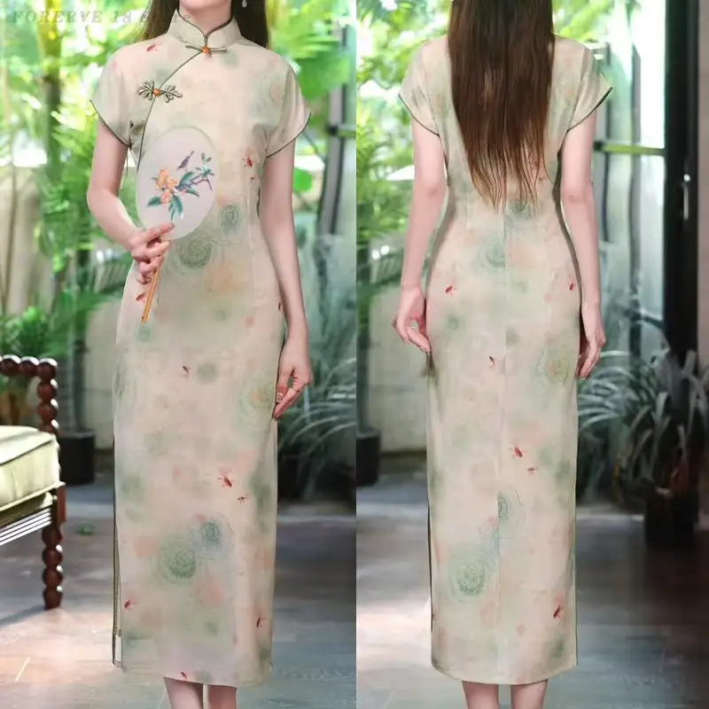 

Improved Chinese Long Qipao Young Girls New Chinese Style Dress Cheongsam Elegant Print Floral Novelty Evening Party Dress