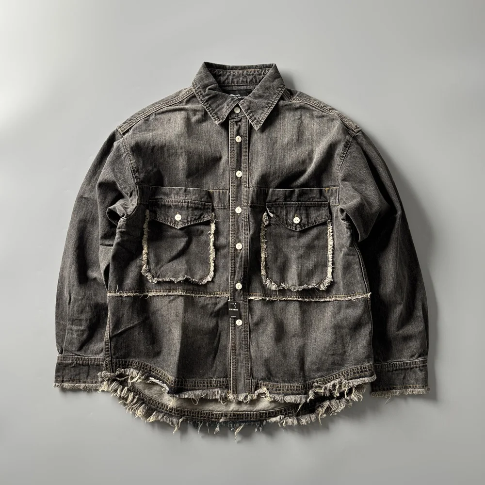 

Retro Waed J9273 Loose Fit Long Sve Men's Denim Work irt Faion Urban Sle Leather Material Four Seasons Universal