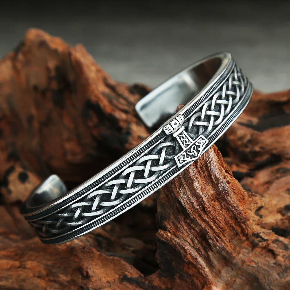 Nordic Vintage Viking Celtic Knot Cuff Bangles For Men Punk Stainless Steel Thor's Hammer Bracelet Biker Amulet Jewelry Gifts view 3