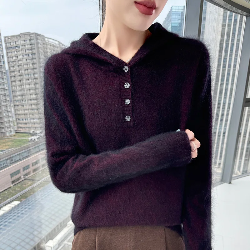 

ZYCZCXXAutumn and Winter 100% mink Cashmere Women's Solid Color Button Knit Hoodie Loose Hoodie Cardigan Pullover Sweater